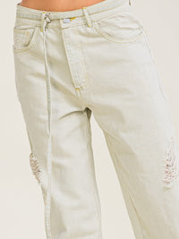 WOMEN'S BUTTON CLOSURE POCKETS WIDE LEG WASHED DISTRESS DENIM PANTS