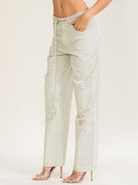 WOMEN'S BUTTON CLOSURE POCKETS WIDE LEG WASHED DISTRESS DENIM PANTS