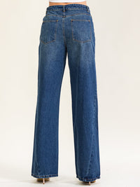 WOMEN'S BUTTON CLOSURE POCKETS WIDE LEG WASHED DENIM PANTS