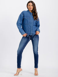 WOMEN'S LONG SLEEVE BUTTON CLOSURE FRONT POCKET DENIM JACKET