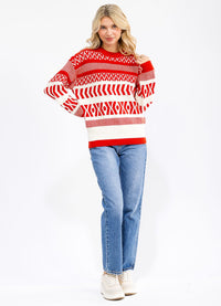 WOMEN'S LONG SLEEVE MULTI PRINT COLORBLOCK PULLOVER SWEATER