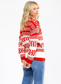 WOMEN'S LONG SLEEVE MULTI PRINT COLORBLOCK PULLOVER SWEATER