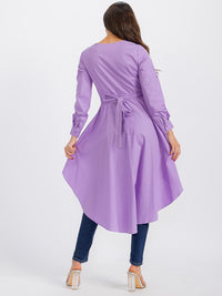 WOMEN'S LONG SLEEVE V-NECK LOW-HIGH RUFFLE TOP