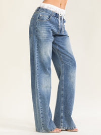 WOMEN'S BUTTON CLOSURE POCKETS WIDE LEG WASHED LACE DENIM PANTS