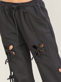 WOMEN'S ELASTIC WAIST SELF TIE FRONT POCKETS CUTOUT DETAIL WIDE LEG PANTS