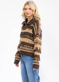 WOMEN'S LONG SLEEVE ZIP UP COLORBLOCK FRINGE DETAILED SWEATER