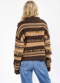 WOMEN'S LONG SLEEVE ZIP UP COLORBLOCK FRINGE DETAILED SWEATER