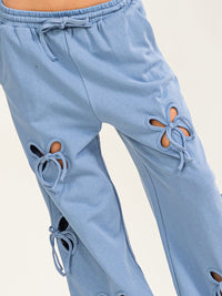 WOMEN'S ELASTIC WAIST SELF TIE FRONT POCKETS CUTOUT DETAIL WIDE LEG PANTS