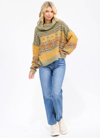 WOMEN'S LONG SLEEVE TURTLE NECK MULTI PRINT PULLOVER SWEATER