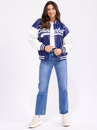 WOMEN'S LONG SLEEVE BUTTON CLOSURE FRONT POCKETS PU PLEATHER VARSITY JACKET