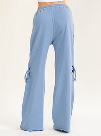 WOMEN'S ELASTIC WAIST SELF TIE FRONT POCKETS CUTOUT DETAIL WIDE LEG PANTS