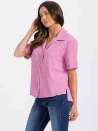WOMEN'S SHORT SLEEVE BUTTON UP FRONT POCKET BLOUSE