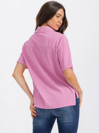 WOMEN'S SHORT SLEEVE BUTTON UP FRONT POCKET BLOUSE