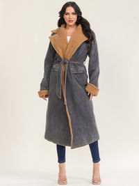 WOMEN'S LONG SLEEVE SELF TIE FRONT POCKET DENIM WASHED SHERPA CONTRAST COAT