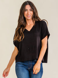 ENTRO WOMEN'S SHORT SLEEVE V-NECK LOOSE FIT SOLID TOP