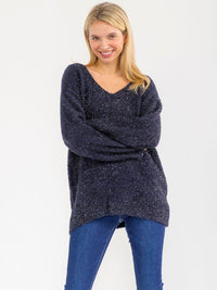 WOMEN'S LONG SLEEVE V-NECK PULLOVER SHIMMER SWEATER