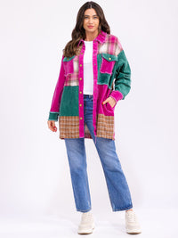 WOMEN'S LONG SLEEVE BUTTON CLOSURE FRONT POCKETS COLORBLOCK CORDUROY JACKET
