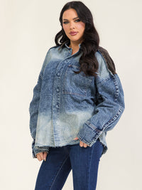 WOMEN'S LONG SLEEVE BUTTON CLOSURE FRONT POCKET DENIM WASHED CONTRAST JACKET