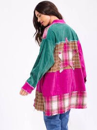 WOMEN'S LONG SLEEVE BUTTON CLOSURE FRONT POCKETS COLORBLOCK CORDUROY JACKET