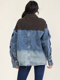 WOMEN'S LONG SLEEVE BUTTON CLOSURE FRONT POCKET DENIM WASHED CONTRAST JACKET