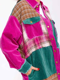 WOMEN'S LONG SLEEVE BUTTON CLOSURE FRONT POCKETS COLORBLOCK CORDUROY JACKET