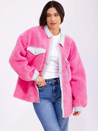 WOMEN'S LONG SLEEVE BUTTON CLOSURE FRONT POCKETS SHERPA JACKET