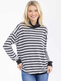WOMEN'S LONG SLEEVE TURTLE NECK COLORBLOCK STRIPES TOP