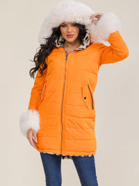 WOMEN'S LONG SLEEVE ZIP UP FRONT POCKETS REMOVABLE HOODIE & FAUX FUR REVERSIBLE ANIMAL PRINT SHERPA PUFFER COAT