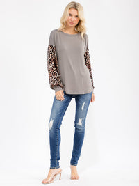 WOMEN'S LONG SLEEVE ANIMAL PRINT CONTRAST LOOSE FIT TOP