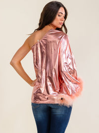 ENTRO WOMEN'S LONG SLEEVE ONE SHOULDER TRIM DETAILED SHIMMER BLOUSE