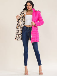 WOMEN'S LONG SLEEVE ZIP UP FRONT POCKETS REMOVABLE HOODIE REVERSIBLE ANIMAL PRINT SHERPA PUFFER COAT