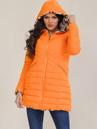WOMEN'S LONG SLEEVE ZIP UP FRONT POCKETS REMOVABLE HOODIE REVERSIBLE ANIMAL PRINT SHERPA PUFFER COAT