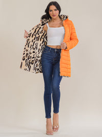 WOMEN'S LONG SLEEVE ZIP UP FRONT POCKETS REMOVABLE HOODIE REVERSIBLE ANIMAL PRINT SHERPA PUFFER COAT