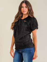 ENTRO WOMEN'S SHORT SLEEVE FRONT CUT OUT FUZZY BLOUSE