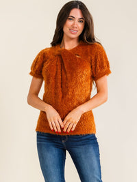 ENTRO WOMEN'S SHORT SLEEVE FRONT CUT OUT FUZZY BLOUSE