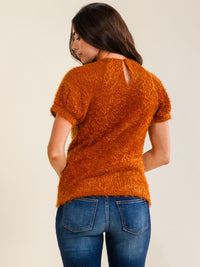 ENTRO WOMEN'S SHORT SLEEVE FRONT CUT OUT FUZZY BLOUSE