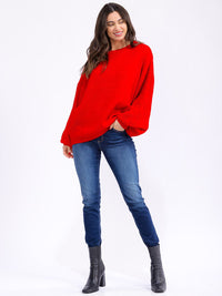 WOMEN'S LONG BALLON SLEEVE FLORAL EMBROIDERY DETAILED KNIT PULLOVER SWEATER