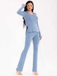WOMEN'S LONG SLEEVE TOP & ELASTIC WAIST PANTS RIBBED 2PC. SET