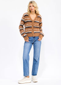 WOMEN'S LONG SLEEVE BUTTON UP COLORBLOCK STRIPES FUZZY SWEATER
