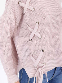 WOMEN'S LONG SLEEVE LACE UP KNIT PULLOVER SWEATER