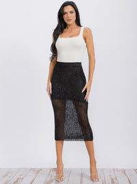 WOMEN'S ELASTIC WAIST SHIMMER KNIT MIDI SKIRT