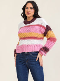 WOMEN'S LONG SLEEVE COLORBLOCK STRIPES KNIT PULLOVER SWEATER