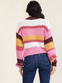 WOMEN'S LONG SLEEVE COLORBLOCK STRIPES KNIT PULLOVER SWEATER