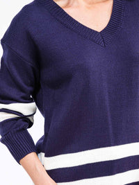 WOMEN'S LONG SLEEVE V-NECK COLORBLOCK KNIT PULLOVER SWEATER