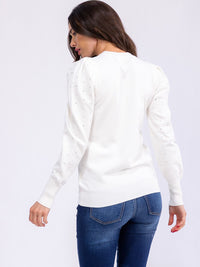 WOMEN'S LONG PUFF SLEEVE STUDS DETAILED PULLOVER SWEATER