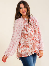 ENTRO WOMEN'S LONG SLEEVE BUTTON UP FLORAL PRINT BLOUSE