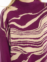 WOMEN'S LONG SLEEVE MOCK NECK PULLOVER COLORBLOCK PRINT SWEATER