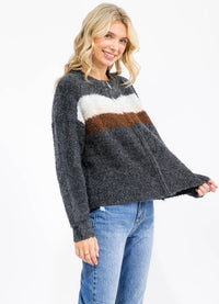 WOMEN'S LONG SLEEVE ZIP UP COLORBLOCK STRIPES SWEATER