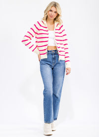 WOMEN'S LONG SLEEVE ZIP UP FRONT POCKETS COLORBLOCK STRIPES SWEATER