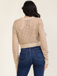 WOMEN'S LONG SLEEVE KNITTED PULLOVER CROP SWEATER